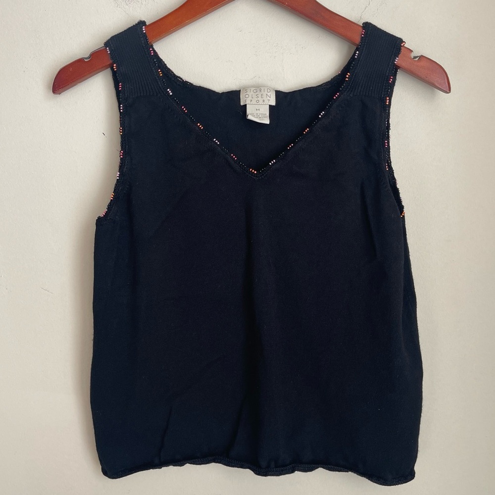 Sigrid Olsen Sport Knit V-Neck Beaded Black Tank Top‎ Women's Size Medium